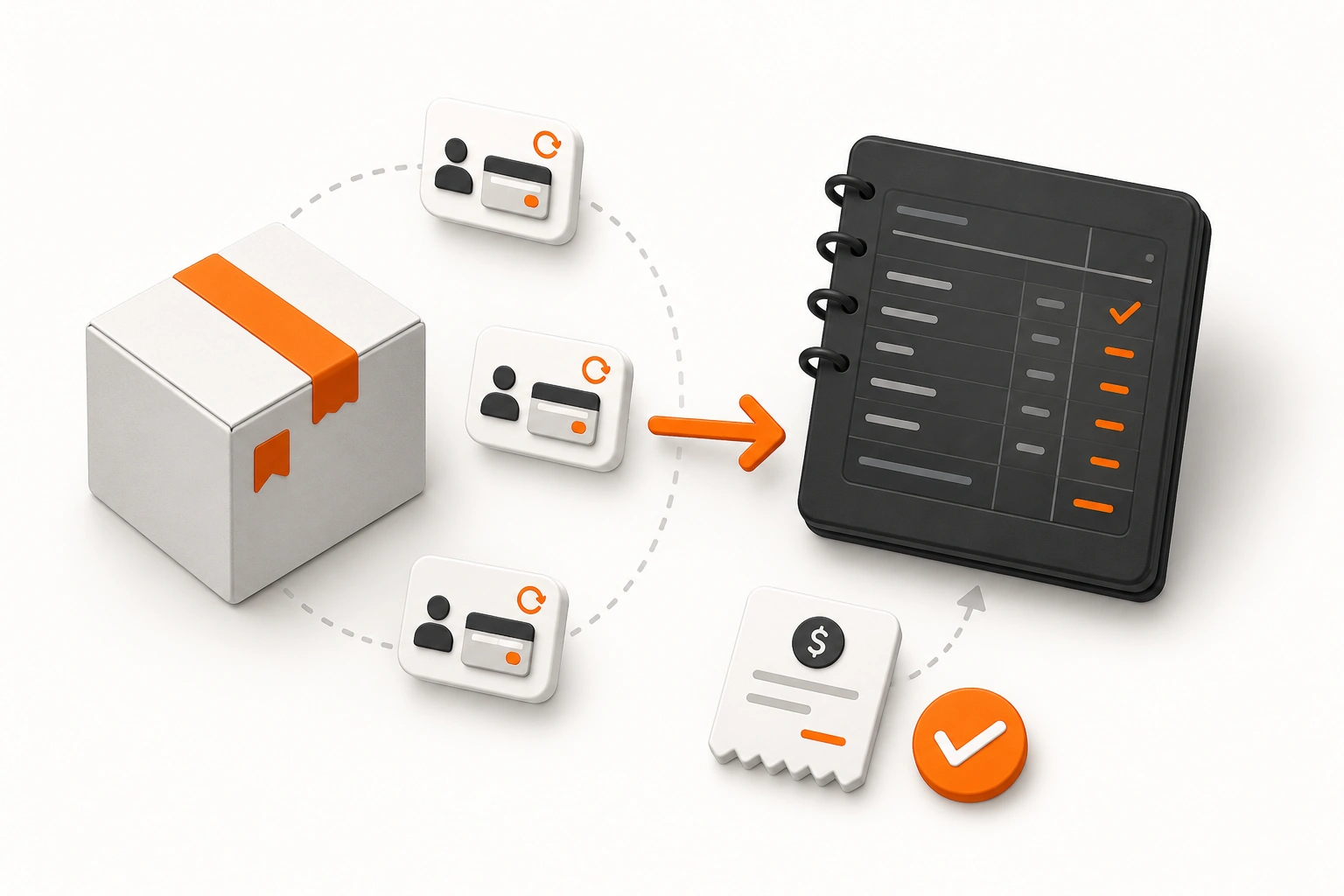 Subscription box bookkeeping illustration showing recurring orders, processor payouts, reconciliation and monthly reports